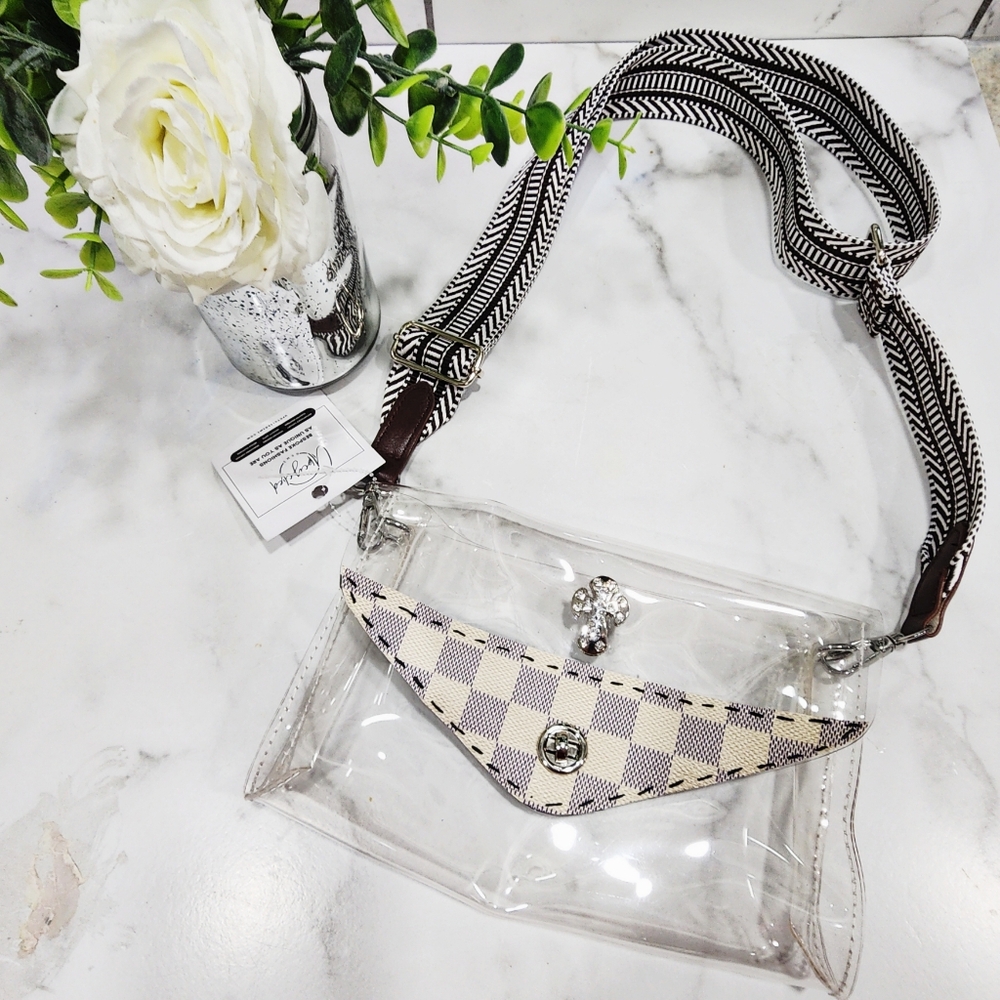 Clear Stadium Bag Upcycled With Handsewn LV Damier Canvas & Rhinestone Cross